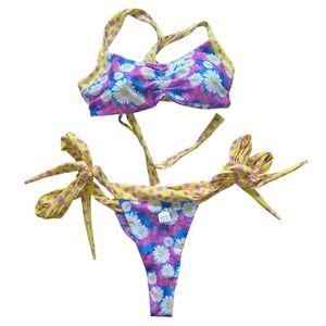 Moana bikini large reversible purple pink yellow pattern tie up lightly lined